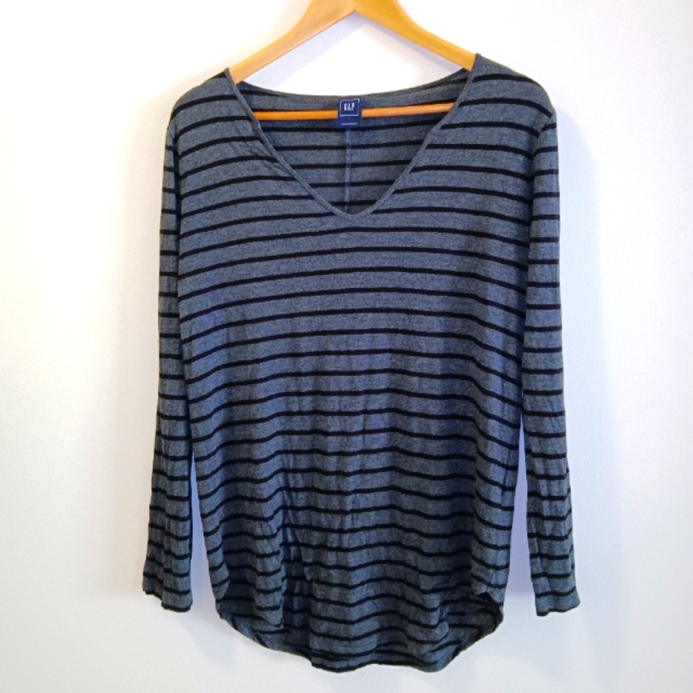 🔴 Gap Gray Black Stripe Long Sleeve Tee Shirt Tunic Sz L Rayon